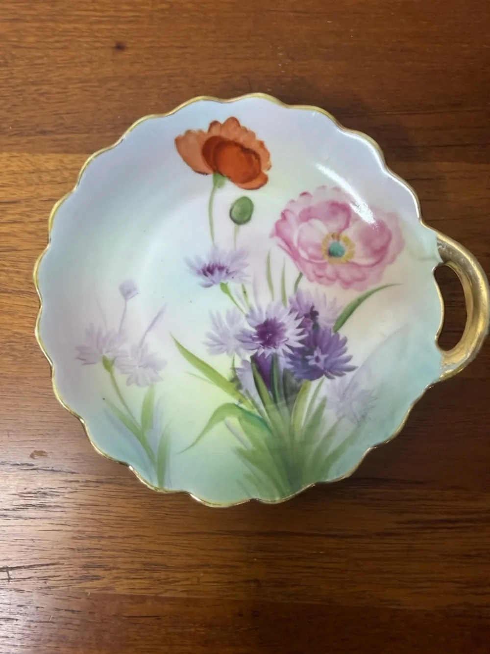 Vintage Nippon Hand Painted Red Floral Porcelain Plate Green Crown Scallop Edge